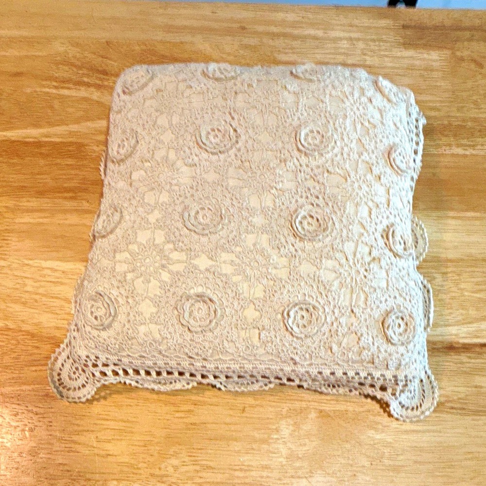 Keeco Style 445 13" Square Beige Cotton Crochet Lace Floral Throw Pillow
